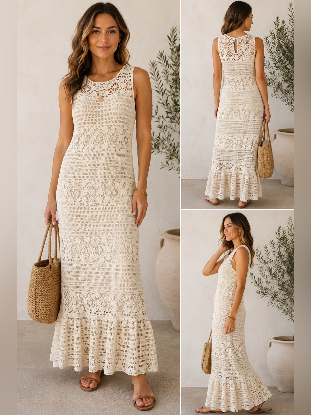 Lucy Paris Crochet Lace Maxi Dress Medium Ivory Cream Boho Lined Ruffle Hem